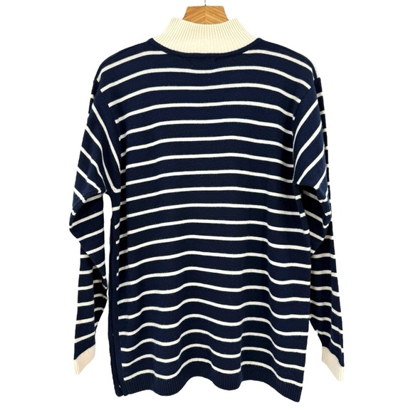 Liz Claiborne Women`s Navy & Ivory Striped Lambswool Mock Neck Sweater Tunic M - Picture 2 of 7